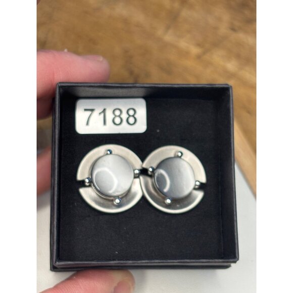Swank Silver-Tone Round Cufflinks With Gray Stone Center For Men - Picture 1 of 8